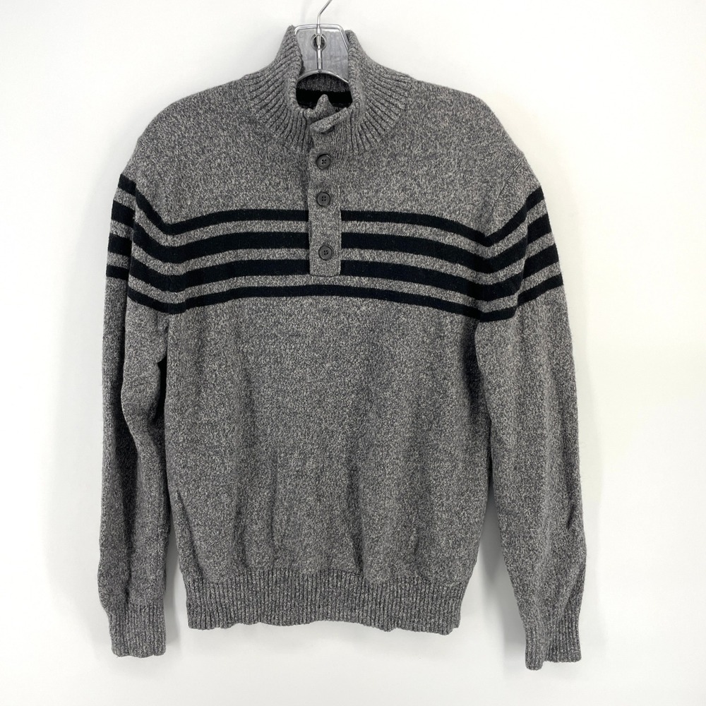 Banana Republic Mens Medium Gray Striped Wool Blend Mock Neck Button Sweater